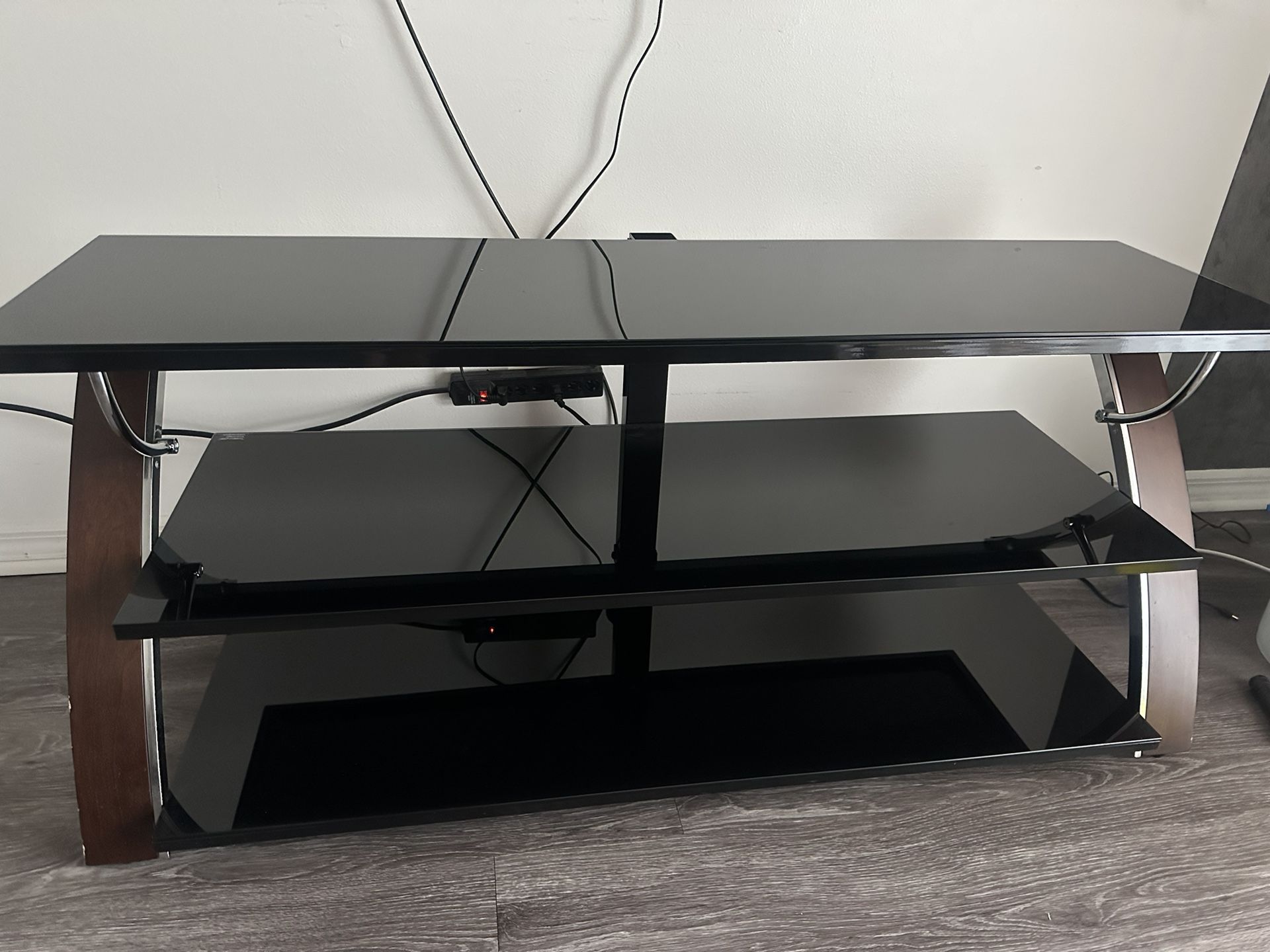 Modern TV Stand – Black Glass & Wood, 3-Tier Media Console for TVs up to 55”
