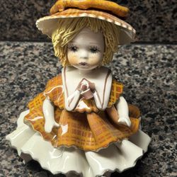 Vintage Signed Porcelain Girl & Hat Figurine Made In Italy
