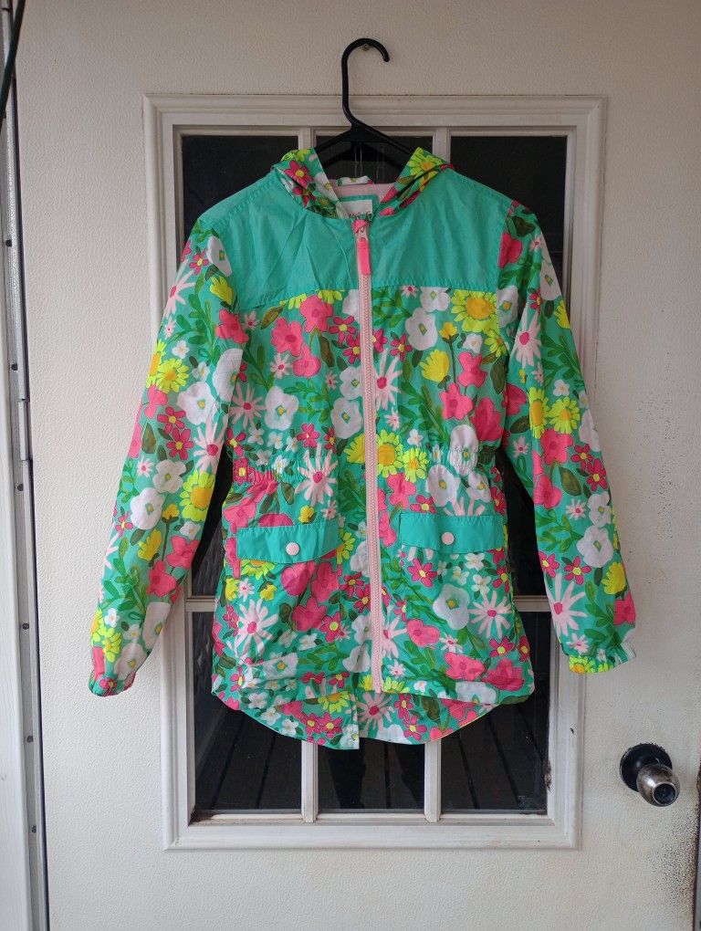 Cat & Jack Girls Large Tropical Flowers Green Pink Raincoat