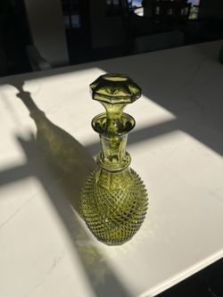 Vintage MCM Empoli Diamond Pattern Olive Green Glass Decanter w/ Stopper 12.75" H