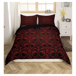 Red Black Ombre Gothic Bedding Set Queen For Boys,Vintage Goth Floral Damask Duvet Cover Antique Victorian Baroque Comforter Cover Hotel Luxury Bed Co