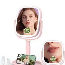 Height Adjustable Lighted Vanity Makeup Mirror with Lights & Magnification, Pink