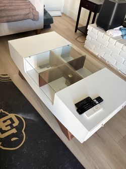 White Coffee Table with Glass Top and Drawer