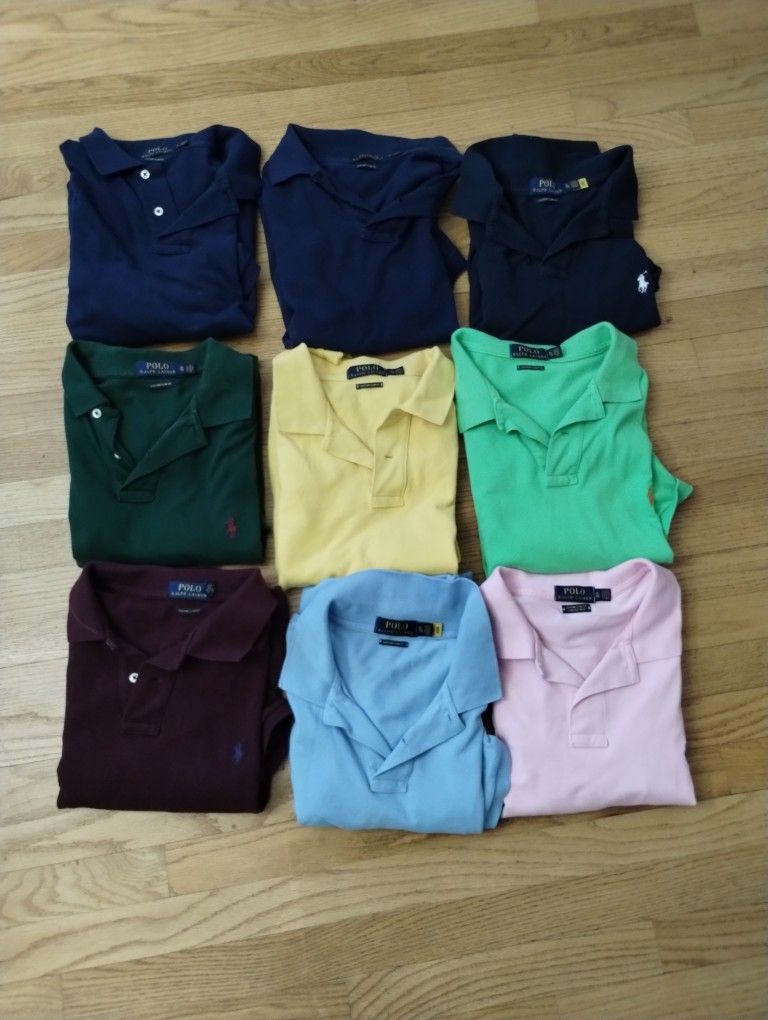 Polo Ralph Lauren men XL lot of 9 shirts
Only selling as a lot. Not individual. 
All shirts are CUSTOM SLIM FIT. 
Great shape normal wear.