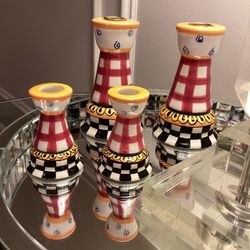Wang’s International (SET of 4) Checkered ceramic candle holders + 2 tapers 5.5”. & 3.5” (one has hardly noticeable repaired chip at base - see photo)