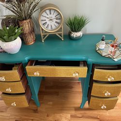 Chic Teal & Gold Vintage Desk - A Unique Home Office Statement