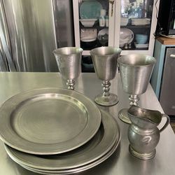 Vintage Pewter 4 Plates, 3 Goblets,1 Creamer