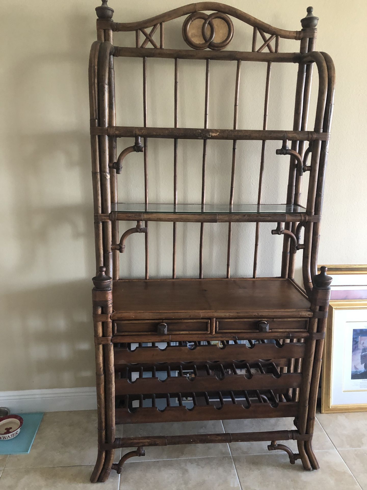 Tommy Bahama wood Bakers Rack with 2 Draws and wine holder