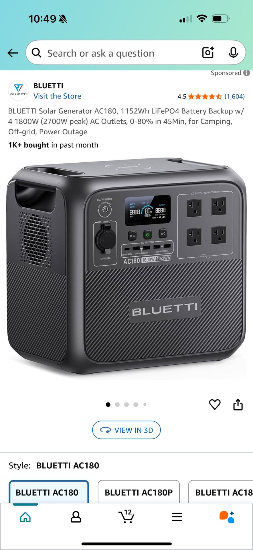 BLUETTI AC180 Portable Generator w/ EBL 100 Watt Panel