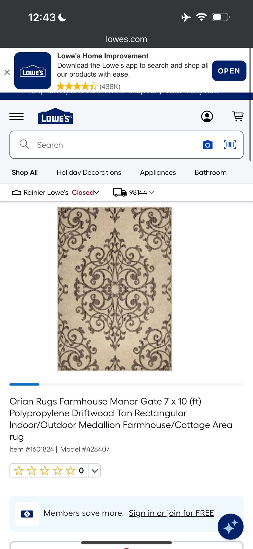 Orian Rugs Farmhouse Manor Gate 7 x 10 (ft) Polypropylene Driftwood Tan Rectangular Indoor/Outdoor Medallion Farmhouse/Cottage Area rug