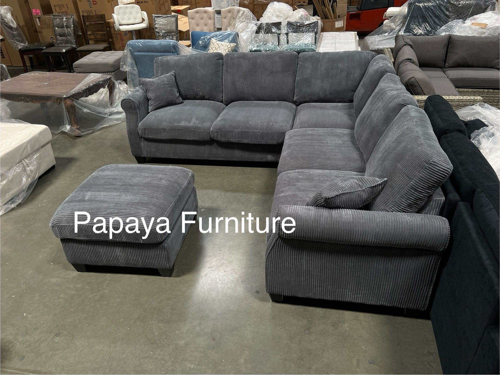 Dark Grey Sectional Sofa And Ottoman, Sectionals, Sofa, Couch, Grey Couch, Grey Sofa, L-Shaped Sofa, Plush Sectional Couch,Living Room Sofa.