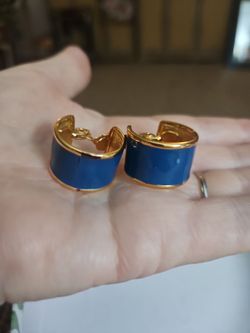 MONET CLIP-ON EARRINGS  GOLD TONE W/ Blue Enamel  wide hoops
