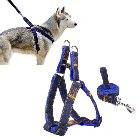 Dog Leash Harness Adjustable Durable Leash Set Heavy Duty Denim Dog Leash Collar Perfect for Daily Training Walking Running One size 2 colour Jeans