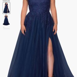 La Femme Off The Shoulder Tulle Plus Size Gown with Lace 