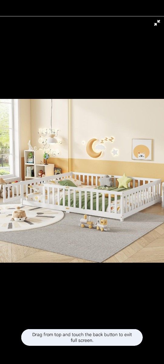 Lot # SJ8621: Twin Size Montessori Bed, Wood Twin Floor Bed with Fence & Door, Montessori Floor Beds with Safety Guardrails for Boys & Girls, White Wh