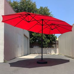 (NEW) $130 Large 15FT Double Sided Outdoor Umbrella w/ 65 LBS Plastic Weight Base (Red/Gray)