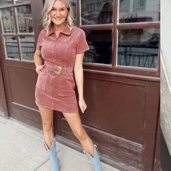 Womens Corduroy Zip Up Mini Dress Short Sleeve Belted Cowgirl Dresses for Summer