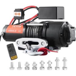 VEVOR Electric Winch, 12V 4500 lb Load Capacity Nylon Rope Winch, IP55 1/4” x 39ft ATV UTV Winch with Wireless Handheld Remote & Hawse Fairlead for To
