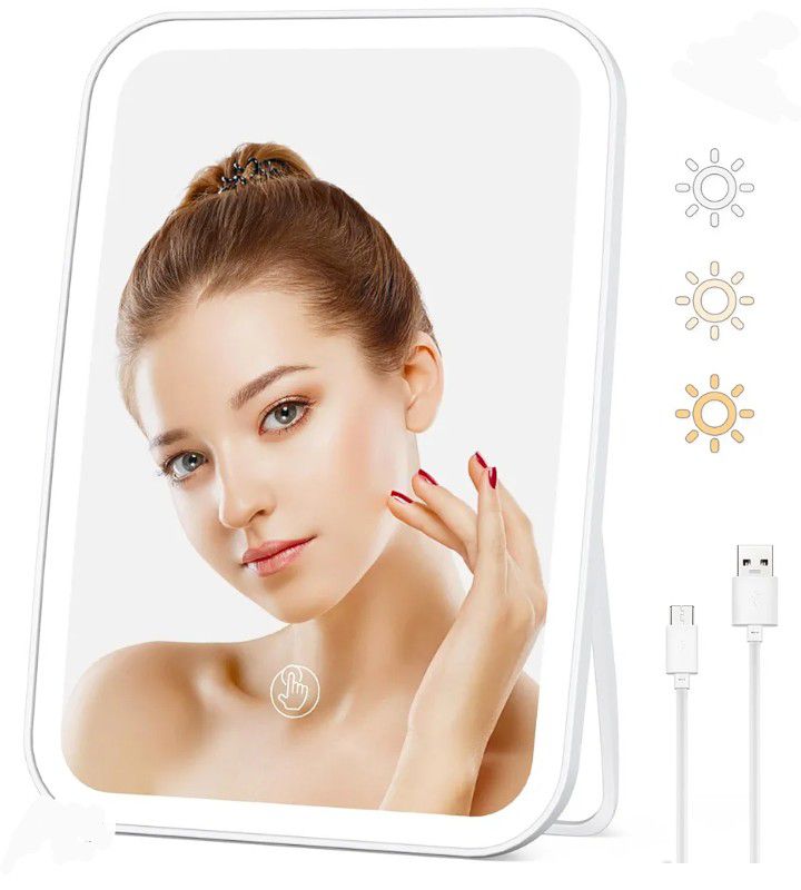 New Makeup Mirror with Lights, 8.6"x6.1" Rechargeable Travel Vanity Mirror with Stand, 3 Color LED Lighting Dimmable Brightness Adjustable Angle
