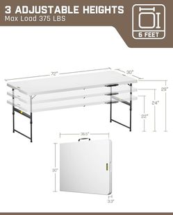 6ft Portable Folding Table, 3 Heights, One-Handed Height Adjustment, Gravity Lock, Carry Handle, Indoor Outdoor Heavy Duty Fold-in-Half Utility Table,