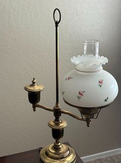 Vintage Brass Student Lamp with Hand-Painted Milk Glass Shade