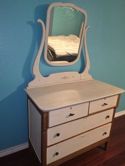 Medium white and brown dresser with mirror