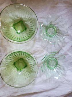 4 Green Uranium Depression Glass Bowls