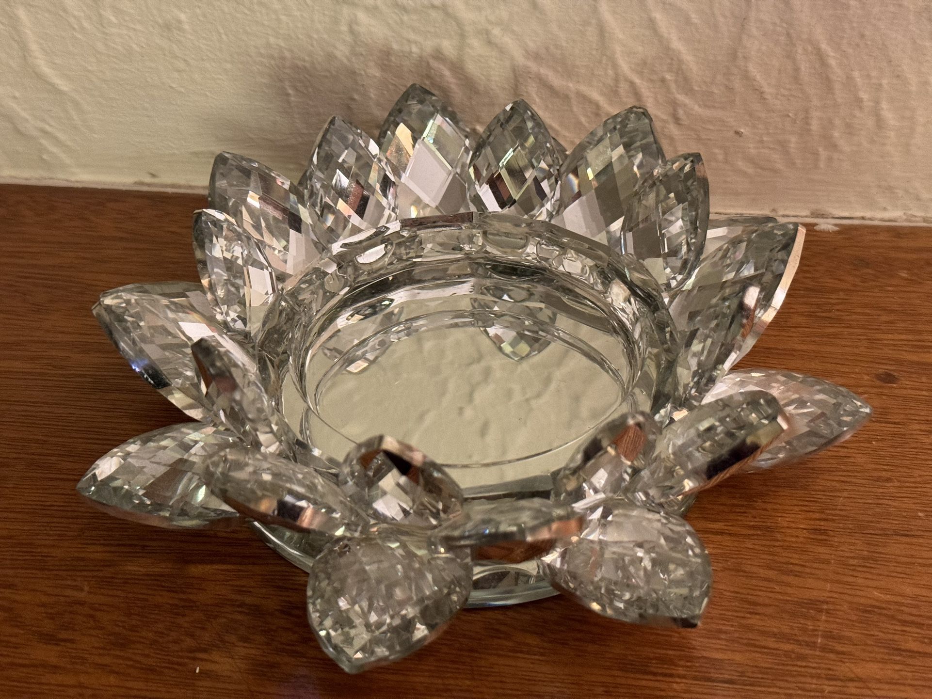 10” mirrored faceted glass lotus holder by Valerie.