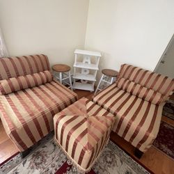 2 Slipper Chairs, Ottoman, 2 Stools, And ABC Rack 