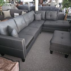 Brand New Dark Gray Linen Sectional With Left Chaise And Storage Ottoman (98" x 70" x 34"H)   