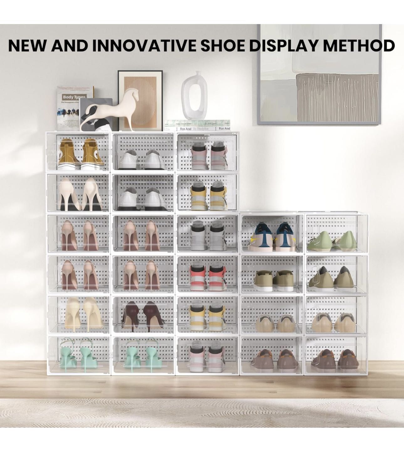 12 Pack XX Large Shoe Storage Box Organizer for Closet, Versatile Clear Plastic Stackable Sneaker Shoe Rack Containers Bins Holders, Portable Closet O