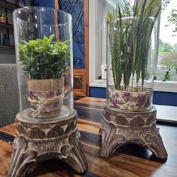 Two Glass & Wood Cylinders With Arrangements Each $25