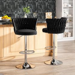 Black Bar Stools Set of 2, Velvet Swivel Bar