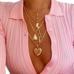 Gold Cascading Non Tarnishing Layered Necklace with Crescent Pendants