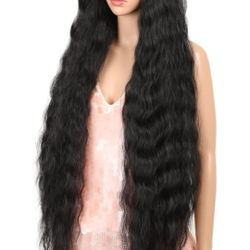 41” Lace Front Wigs Long Wavy Synthetic Wigs with Baby Hair Half Hand Tied 130% Density Wigs (41", black