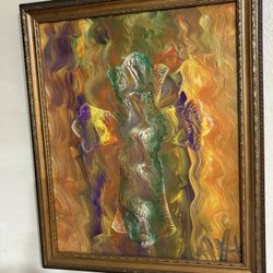 Large Abstract Floral Painting in Ornate Gold Frame – Vibrant Colors