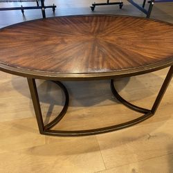 Mcm Oval Wood And Bronze Metal Coffee Table