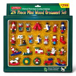 Vintage JoyBrite 24 Mini Wood Christmas Ornaments Hand Painted Complete Set