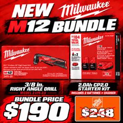 $190 New Milwaukee M12 Right Angle Drill Bundle — 2 Batteries & Charger