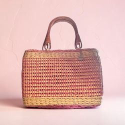 The Sak Basket Woven Pink Tote Wooden Handles Vintage