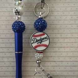 Dodgers Gift *Special 2 Or More Price* Beaded Badge Reel With Whistle And Pen Set