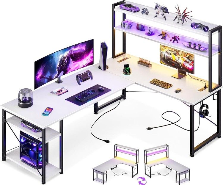 66" L-Shaped Gaming Computer Desk Hutch Power Outlet LED Strip Monitor Stand Shelf Corner White NEW
