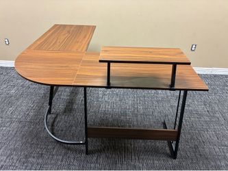 Modern L-Shaped Corner Desk with Elevated Monitor Riser – Wood Grain Finish & Metal Frame