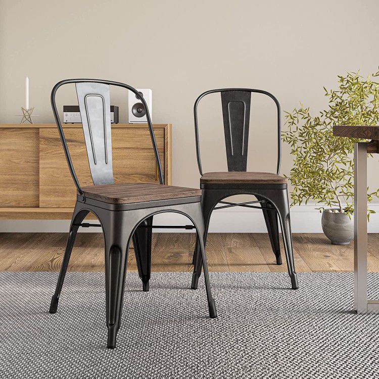 *Brand New* Set of 4 Stackable Metal Dining Room Chairs with Wood Seat, Indoor Or Outdoor Use