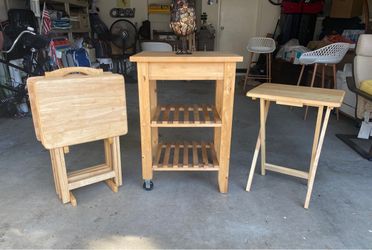 Solid Beech Wood Kitchen Cart with 4 Folding TV Tray Tables with Stand Furniture