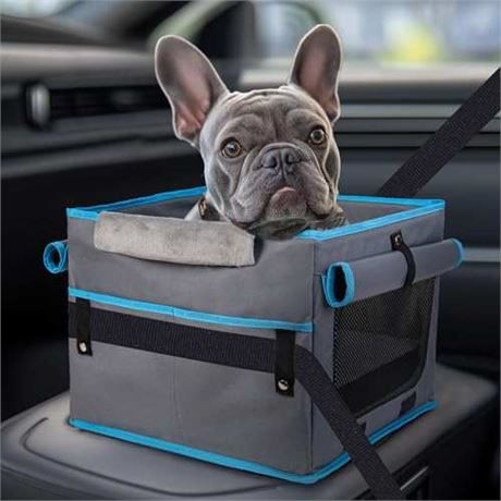 Dog Car Seat for Small Dogs, Memory Sponge Booster with Washable Cushion Cover and Storage Pockets, Portable Pet Travel Bed with Safety Belt for Back
