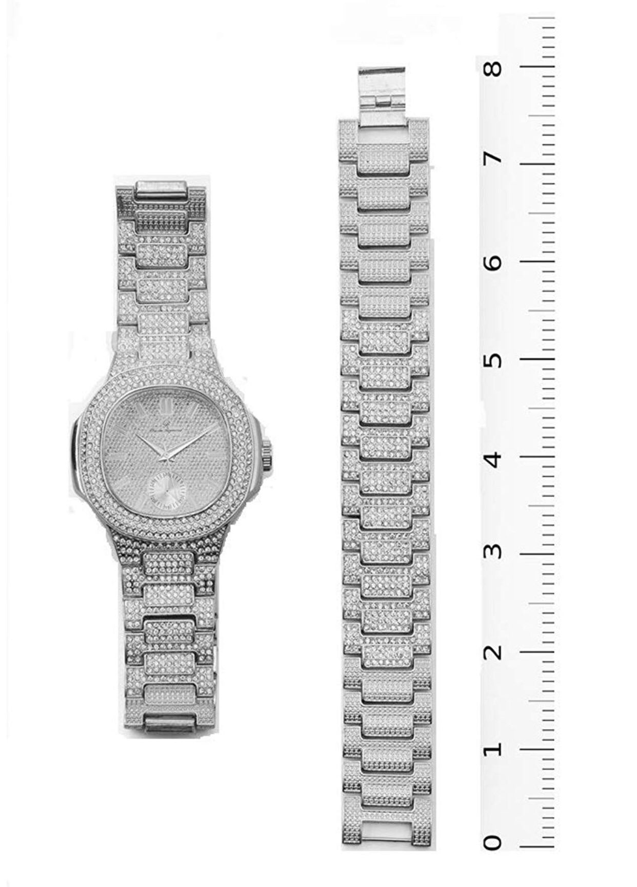 Bling-ed Out Oblong Case Metal Mens Watch w/Matching Bracelet Gift Set - 8475B - Silver