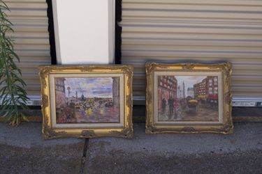 Pair of Vintage 1987 Paris Street Scene Oil Paintings – Ornate Gold Frames
