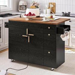 Kitchen Island with Drop Leaf & Power Outlet, Kitchen Island on Wheels with 3 Drawers and Pull Out Rack Organizer, Rolling Kitchen Carts Black