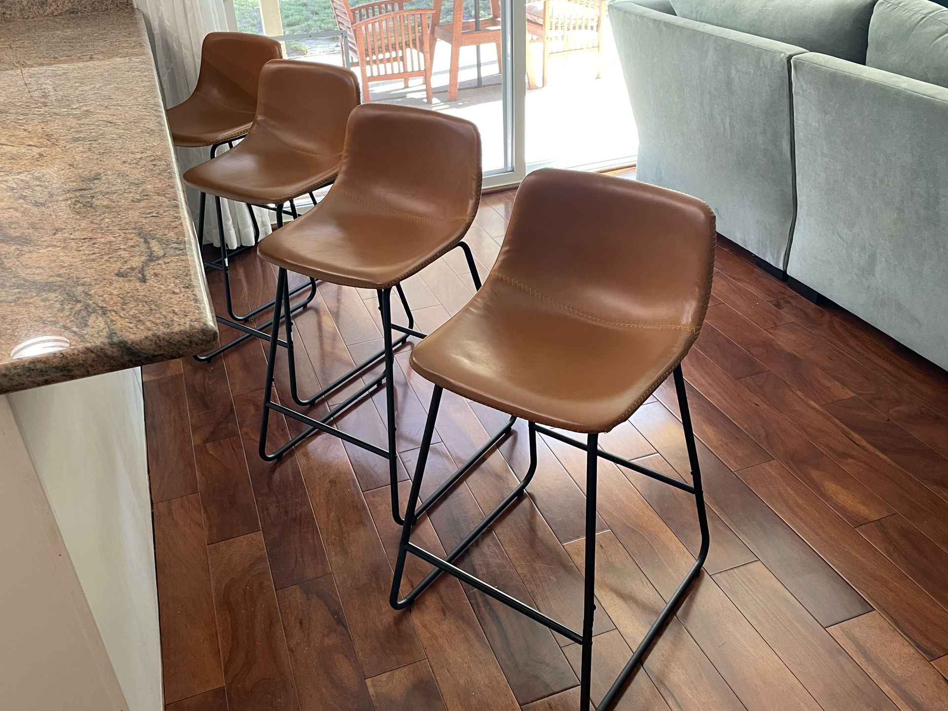 4 Counter Stools, Like-new Condition, Faux Leather/Rod Iron